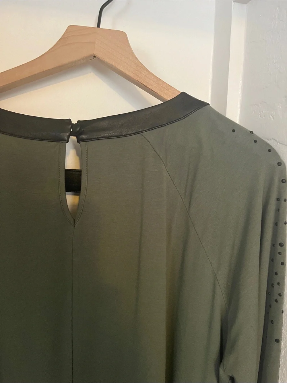 Belle Susan Gravel Olive Green Embellished Cut Out Faux Leather Trim Tunic Top
